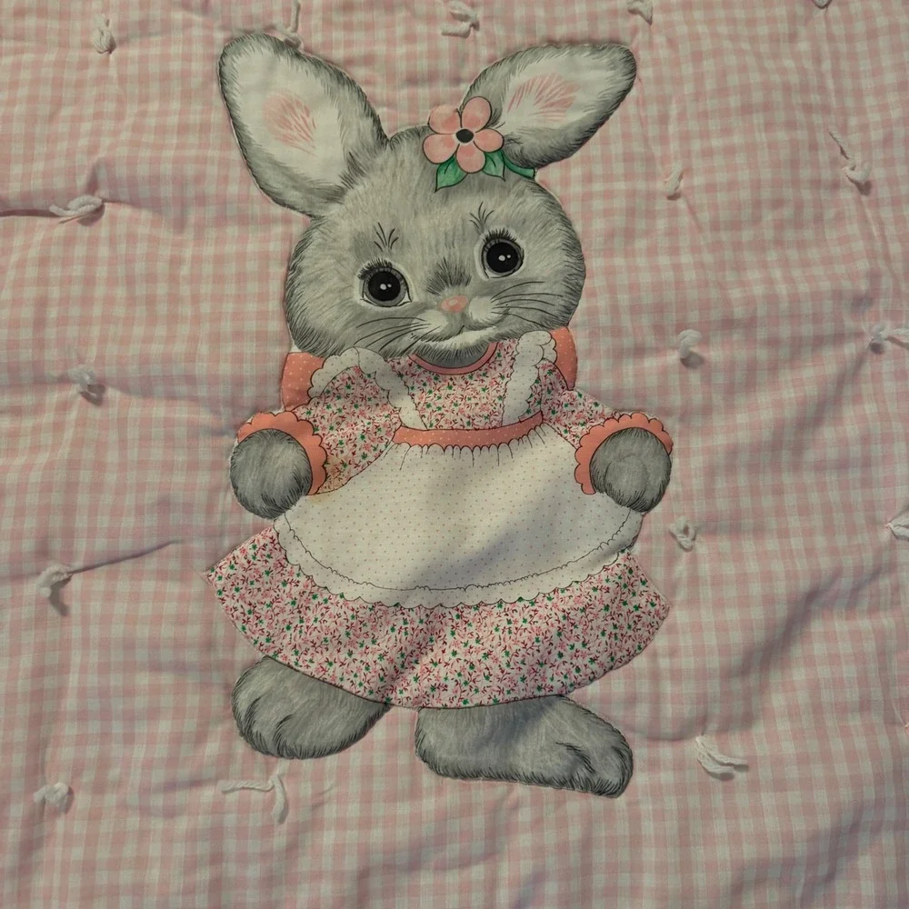 Vintage Pink‎ Gingham Bunny Rabbit Baby Quilt Eyelet Lace Trim Hand Tied Blanket